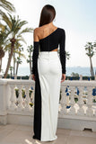 Black and White Cut Out One Shoulder Backless Maxi Formal Dress with Slit