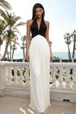 Black and White Halter Neck Pleated Sheath Backless Long Formal Dress