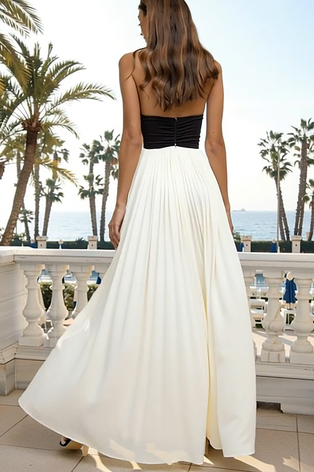 Leely Women Black and White Sheath Long Formal Dress Pleated Halter