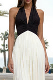 Black and White Halter Neck Pleated Sheath Backless Long Formal Dress