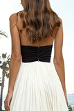 Black and White Halter Neck Pleated Sheath Backless Long Formal Dress