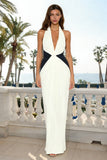Black and White Halter Neck Ruched Sheath Long Formal Dress