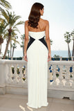 Black and White Halter Neck Ruched Sheath Long Formal Dress