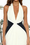 Black and White Halter Neck Ruched Sheath Long Formal Dress
