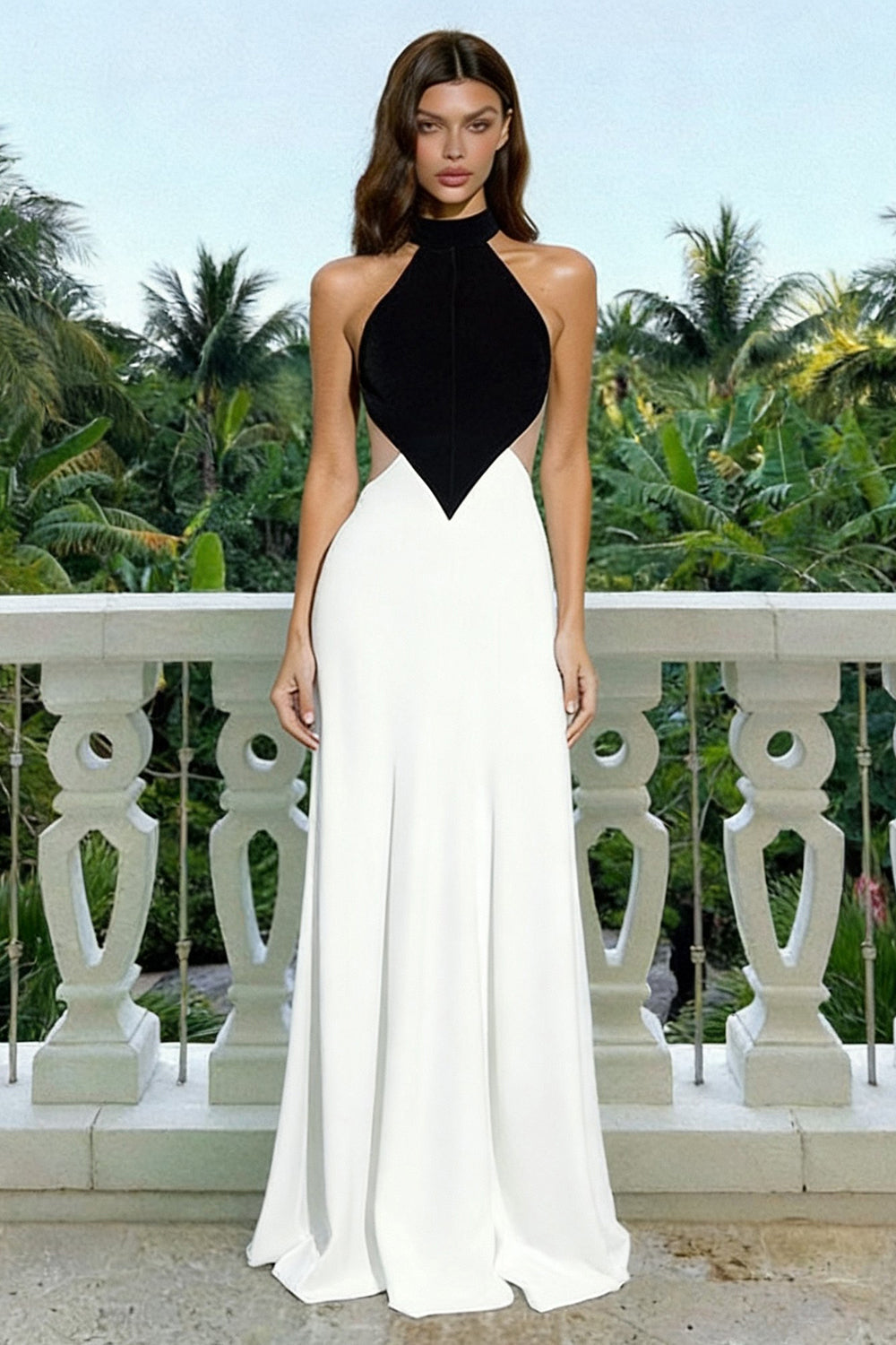 Leely Women Black and White Sheath Long Formal Dress Cut Out High Neck