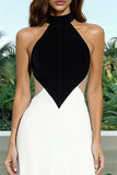 Black and White Cut Out High Neck Backless Long Formal Dress