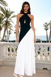 Black and White Sheath Backless Long Formal Dress with Keyhole