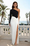 Black and White Ruched One Shoulder Sheath Long Formal Dress with Slit