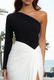 Black and White Ruched One Shoulder Sheath Long Formal Dress with Slit