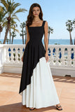 Black and White Thick Straps Backless A Line Long Formal Dress