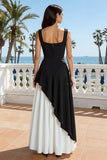 Black and White Thick Straps Backless A Line Long Formal Dress