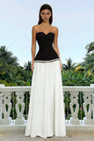 Sparkly Black and White Sweetheart Backless Long Formal Dress with Pearls