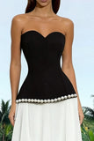 Sparkly Black and White Sweetheart Backless Long Formal Dress with Pearls