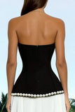 Sparkly Black and White Sweetheart Backless Long Formal Dress with Pearls