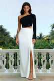 Black and White Cut Out One Shoulder Long Formal Dress with Slit