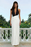 Black and White Halter Neck Sheath Pleated Long Formal Dress