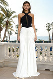 Black and White Halter Neck Sheath Long Formal Dress with Keyhole