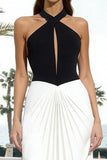 Black and White Halter Neck Sheath Long Formal Dress with Keyhole