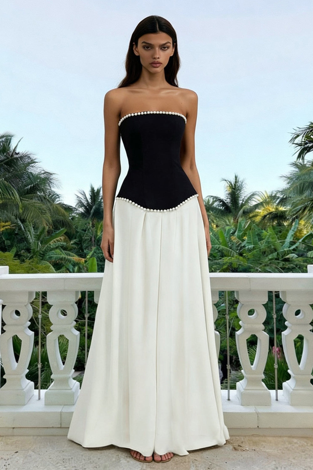 Leely Women Sparkly Black and White Maxi Formal Dress with Pearls