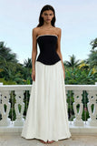 Sparkly Black and White Strapless Maxi Formal Dress with Pearls