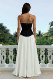 Sparkly Black and White Strapless Maxi Formal Dress with Pearls