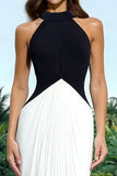 Black and White High Neck Backless Sheath Long Formal Dress