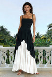 Black and White Spaghetti Straps A Line Long Formal Dress
