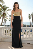 Sparkly Black and Gold Beaded Strapless Long Formal Dress