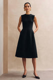 Simple Black Crew Neck A Line Midi Work Dress