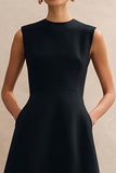 Simple Black Crew Neck A Line Midi Work Dress