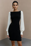 Black and White Pencil Bateau Neck Short Work Dress with Sleeves
