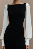 Black and White Pencil Bateau Neck Short Work Dress with Sleeves