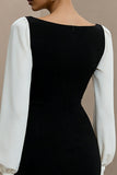 Black and White Pencil Bateau Neck Short Work Dress with Sleeves
