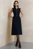 Black A Line V-Neck Midi Work Dress with Buttons