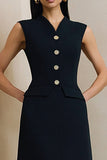Black A Line V-Neck Midi Work Dress with Buttons