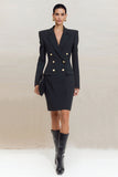 Black Peak Lapel Double Breasted Short Blazer Dress with Sleeves