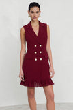 Burgundy Notched Lapel Double Breasted Short Blazer Dress with Ruffles