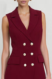 Burgundy Notched Lapel Double Breasted Short Blazer Dress with Ruffles