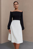 Black and White A Line Off the Shoulder Midi Work Dress with Sleeves