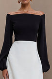 Black and White A Line Off the Shoulder Midi Work Dress with Sleeves