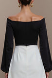 Black and White A Line Off the Shoulder Midi Work Dress with Sleeves