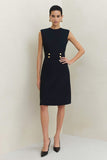 Black Crew Neck Pencil Midi Work Dress with Buttons