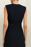 Black Crew Neck Pencil Midi Work Dress with Buttons