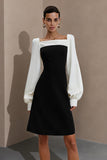 Black and White A Line Square Neck Short Work Dress with Sleeves