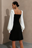 Black and White A Line Square Neck Short Work Dress with Sleeves