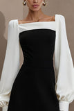 Black and White A Line Square Neck Short Work Dress with Sleeves