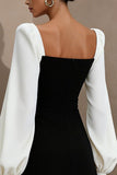 Black and White A Line Square Neck Short Work Dress with Sleeves
