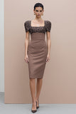 Brown Pencil Cheetah Print Square Neck Midi Work Dress with Sleeves