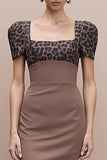 Brown Pencil Cheetah Print Square Neck Midi Work Dress with Sleeves
