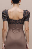 Brown Pencil Cheetah Print Square Neck Midi Work Dress with Sleeves